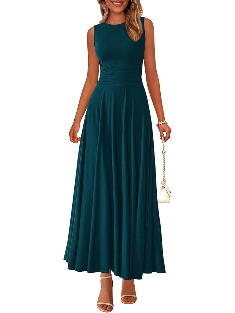 Women's Dark Blue Crewneck High Waisted Sleeveless 2026 Aline Maxi Dresses